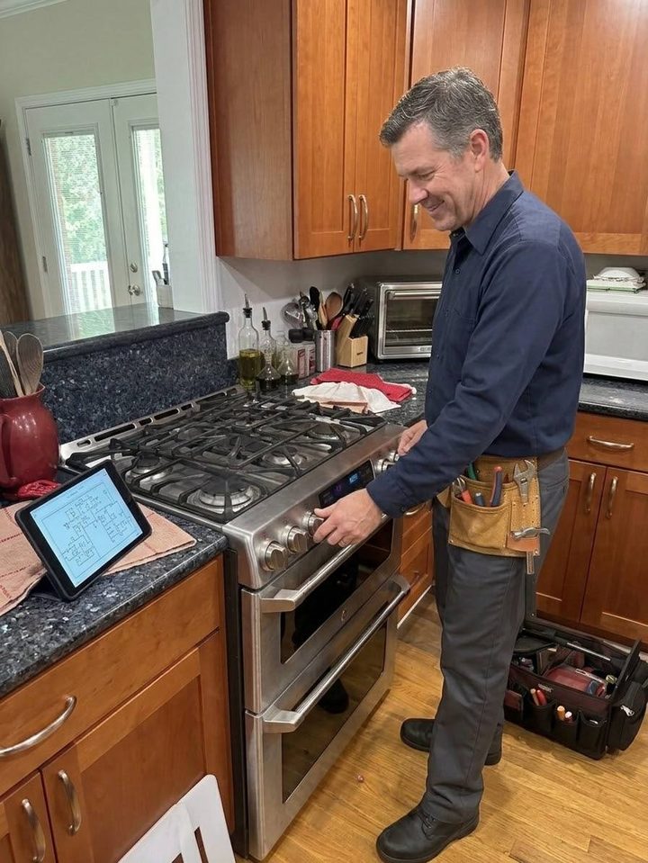 Gas range under test, wiring diagram on the tablet